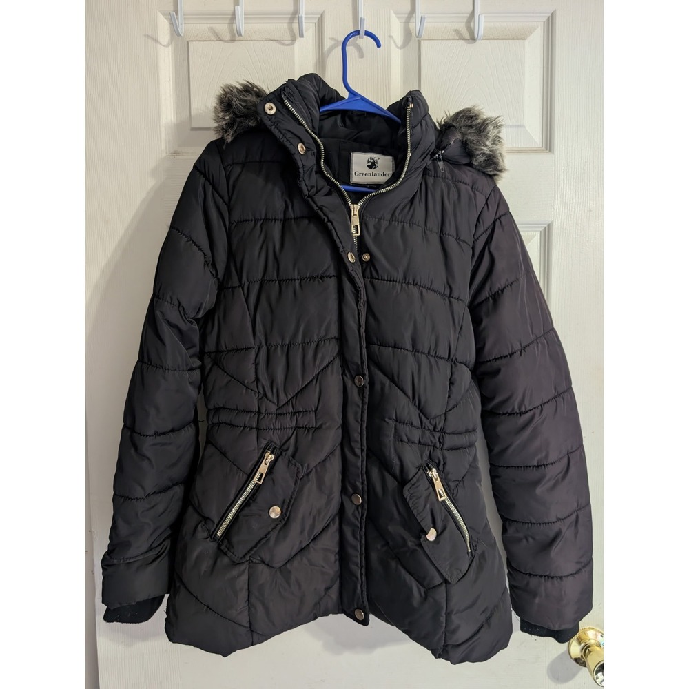 Greenlander Womens Black Puffer Jacket Faux Fur Trim Hooded Winter Coat Size M